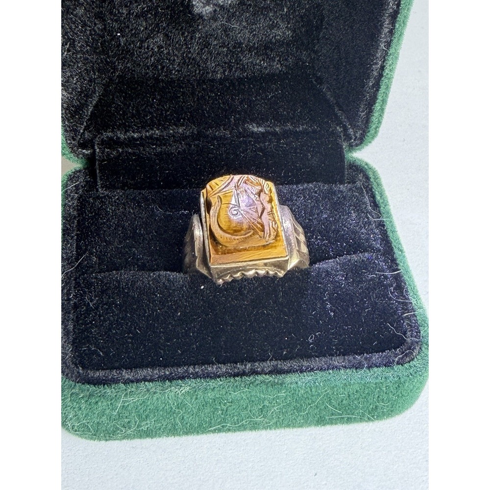 Vintage 10K Yellow Gold Tiger Eye Roman Warrior Cameo Intaglio Ring Sz 7 6g - Picture 7 of 10